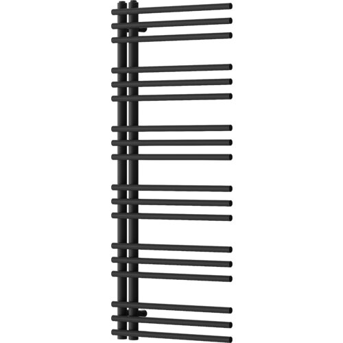 Czarny, dekoracyjny grzejnik łazienkowy o wymiarach 1200 x 500 mm z poziomymi rurkami. Produkt ma nowoczesny design i jest przeznaczony do montażu na ścianie.