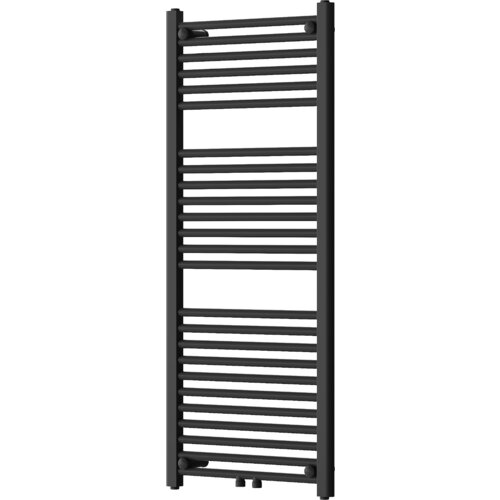 Czarny grzejnik łazienkowy o prostokątnym kształcie, zbudowany z poziomych, równomiernie rozmieszczonych rurek. Produkt ma smukły, nowoczesny design i jest przeznaczony do montażu na ścianie.