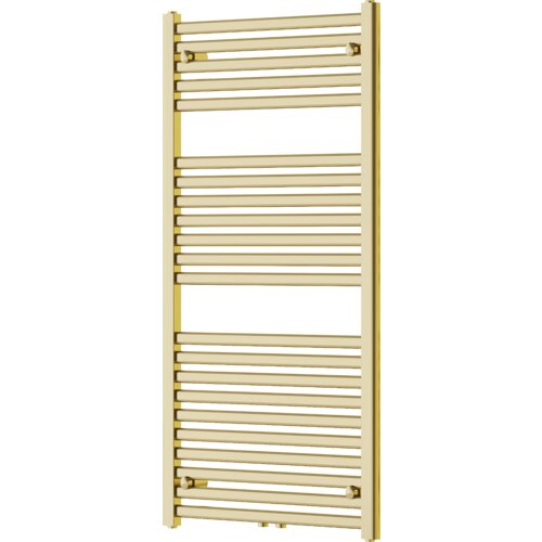 Złoty grzejnik łazienkowy o wymiarach 1200 x 600 mm z poziomymi rurkami i prostokątnymi pionowymi ramami. Produkt ma elegancki, nowoczesny wygląd i jest przeznaczony do montażu na ścianie.