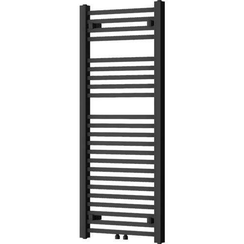 Czarny grzejnik łazienkowy o wymiarach 1200 x 500 mm z poziomymi, równomiernie rozmieszczonymi rurkami. Produkt ma prostokątny kształt i dwa zawory u dołu.
