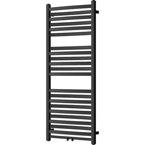 Czarny grzejnik łazienkowy o wymiarach 1200 x 500 mm z poziomymi, równomiernie rozmieszczonymi rurkami. Produkt ma prostokątny kształt i jest przeznaczony do montażu na ścianie.