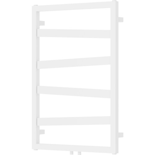 Biały, dekoracyjny grzejnik łazienkowy o prostokątnym kształcie z pięcioma poziomymi, równoległymi rurkami. Produkt ma wymiary 770 x 530 mm i moc 275 W.