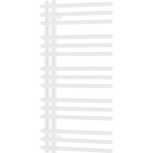 Biały, dekoracyjny grzejnik łazienkowy o wymiarach 900 x 500 mm z poziomymi rurkami. Produkt ma moc 369 W i model oznaczony jako W101-0900-500-00-20.