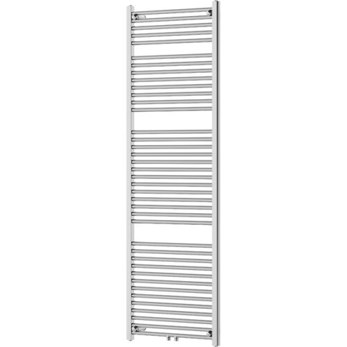 Na zdjęciu znajduje się chromowany grzejnik łazienkowy o wymiarach 1800 x 600 mm, zbudowany z poziomych, równomiernie rozmieszczonych rurek. U dołu widoczne są dwa zawory.