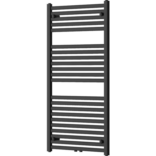 Czarny grzejnik łazienkowy o prostokątnym kształcie, zbudowany z poziomych, równomiernie rozmieszczonych rurek. Produkt ma wymiary 1200 x 600 mm i moc 667 W.