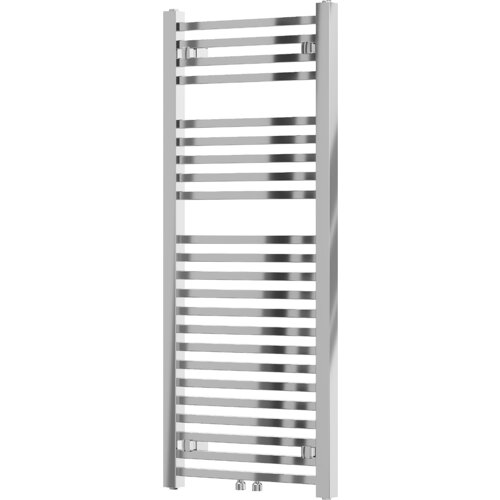 Chromowany grzejnik łazienkowy o wymiarach 1200 x 500 mm z poziomymi, równomiernie rozmieszczonymi rurkami. Na dole widoczne są dwa zawory.