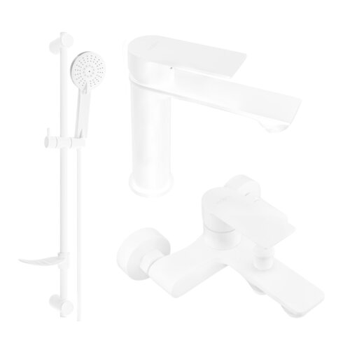 Na zdjęciu widoczny jest biały zestaw wannowy składający się z baterii, słuchawki prysznicowej na drążku oraz wylewki. Produkt ma minimalistyczny design, a na elementach widoczne jest logo "Mexen".
