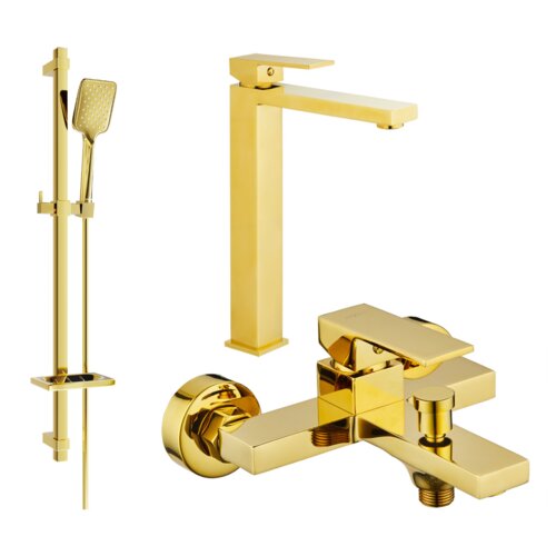 Zestaw wannowy w kolorze złotym, składający się z prostokątnej baterii, słuchawki prysznicowej na drążku oraz wylewki wannowej. Produkt ma eleganckie, geometryczne kształty i błyszczące wykończenie.