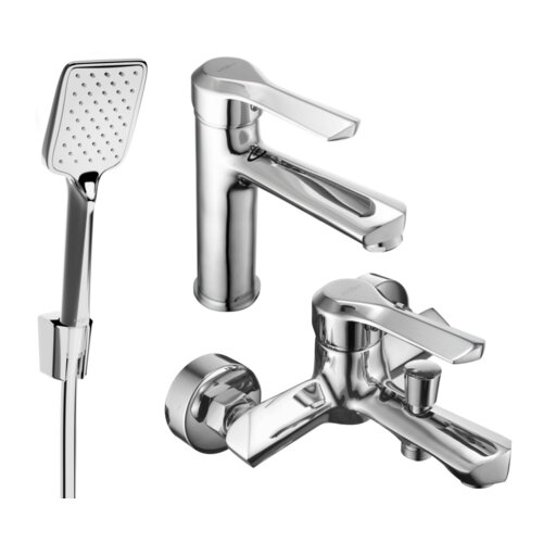 Na zdjęciu widoczny jest chromowany zestaw wannowy składający się z baterii, słuchawki prysznicowej oraz uchwytu. Produkt ma elegancki, nowoczesny design z gładkimi, lśniącymi powierzchniami.