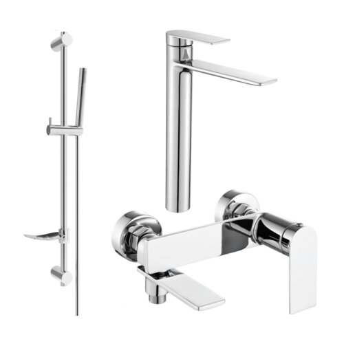 Na zdjęciu widoczny jest chromowany zestaw wannowy składający się z baterii, wylewki i prysznica na drążku. Produkt ma nowoczesny design z prostymi, geometrycznymi kształtami.