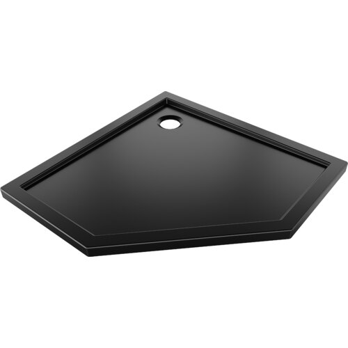 Czarny matowy brodzik pięciokątny o smukłej konstrukcji z otworem odpływowym w jednym z rogów. Produkt ma wymiary 100 x 100 cm.