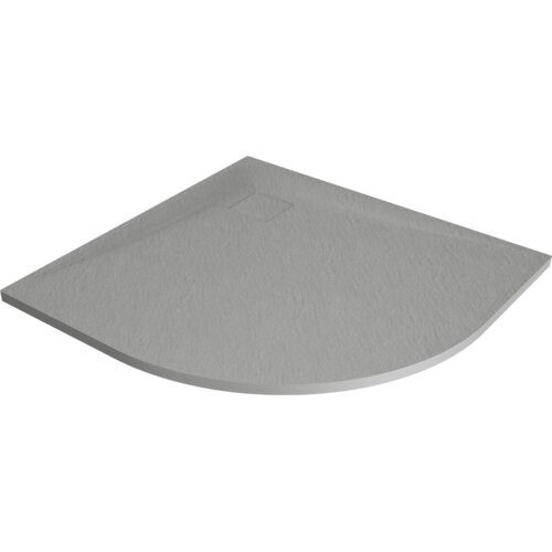 Szary, półokrągły brodzik o gładkiej powierzchni, z delikatnie zaznaczonym miejscem na odpływ. Produkt ma minimalistyczny design i jednolitą kolorystykę.