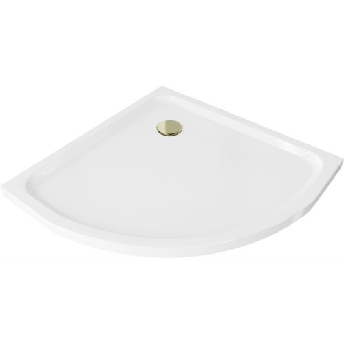 Biały, półokrągły brodzik o gładkiej powierzchni z widocznym złotym syfonem. Produkt ma minimalistyczny design i jest przeznaczony do montażu w łazience.