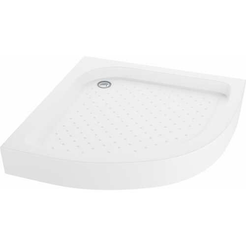 Biały, półokrągły brodzik z widocznym odpływem i delikatnym wzorem kropek na powierzchni. Produkt ma gładkie krawędzie i minimalistyczny design.