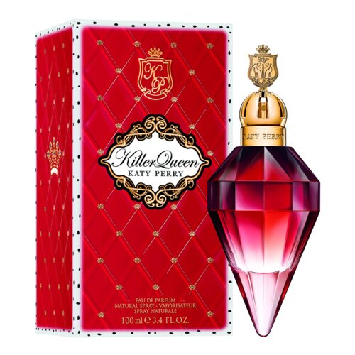 Czerwone opakowanie z wzorem w romby i złotymi detalami, na którym widnieje napis "Killer Queen Katy Perry" oraz flakon perfum w kształcie klejnotu z złotym korkiem. Na opakowaniu znajduje się również tekst: "Eau de Parfum Natural Spray - Vaporisateur Spray Naturel 100 ml e 3.4 FL.OZ.".