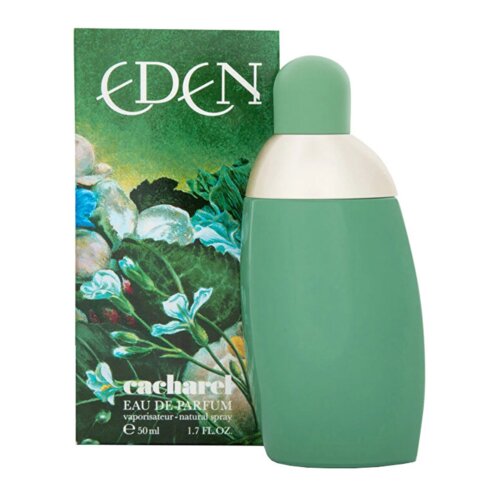 Zielona butelka perfum o zaokrąglonym kształcie stoi przed pudełkiem z motywem roślinnym. Na pudełku widnieje napis: "EDEN cacharel EAU DE PARFUM vaporisateur - natural spray 50 ml 1.7 FL OZ".