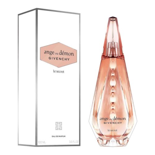 Na zdjęciu widoczna jest butelka perfum o eleganckim, smukłym kształcie oraz pudełko z napisem "ange ou démon GIVENCHY le secret". Na dole pudełka znajduje się logo producenta oraz tekst "EAU DE PARFUM 100 ML 3.3 FL OZ".