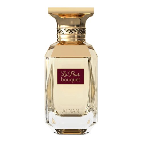 Przedstawiony jest flakon perfum o eleganckim, złotym korku i przezroczystym szkle, na którym widnieje etykieta z napisem "La Fleur bouquet". Na dole flakonu znajduje się napis "AFNAN".