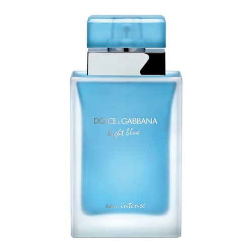 Prostokątna butelka perfum o niebieskim zabarwieniu z przezroczystym korkiem, na której widnieje napis "DOLCE & GABBANA light blue eau intense". Produkt to woda perfumowana o pojemności 50 ml.