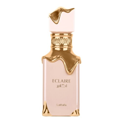 Butelka perfum o nazwie "Eclaire" z widocznym logo "Lattafa", ozdobiona złotymi elementami przypominającymi płynny metal. Na butelce znajduje się również napis w języku arabskim.