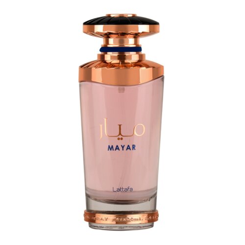 Butelka perfum o różowym płynie, z metalicznym, złotym korkiem i podstawą, na której widnieje napis "Lattafa". Na butelce znajduje się tekst w języku arabskim oraz napis "MAYAR".