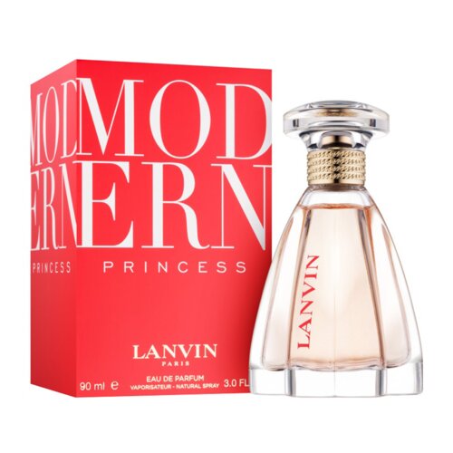 Czerwone pudełko z białym napisem "MODERN PRINCESS" oraz flakon perfum o przezroczystym szkle z napisem "LANVIN" w kolorze czerwonym. Na pudełku widnieje również napis "LANVIN PARIS, 90 ml e, EAU DE PARFUM, VAPORISATEUR - NATURAL SPRAY, 3.0 FL OZ".