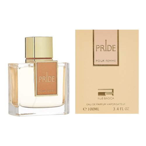 Flakon perfum o prostokątnym kształcie z jasnym korkiem, na którym widnieje etykieta z napisem "PRIDE POUR FEMME". Obok znajduje się pudełko z tym samym napisem oraz dodatkowymi informacjami: "RUE BROCA", "EAU DE PARFUM VAPORISATEUR", "100ML", "3.4 FL OZ".