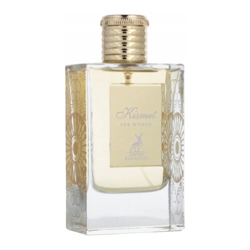 Przezroczysta butelka perfum z ozdobnym wzorem, wypełniona jasnym płynem, z metalicznym złotym korkiem. Na etykiecie widnieje napis: "Kismet for Women" oraz logo "Maison Alhambra".