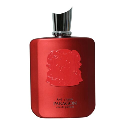 Czerwony flakon perfum z metalicznym połyskiem, ozdobiony wytłoczonym herbem. Na dole widnieje napis: "Red Carpet Paragon eau de parfum".
