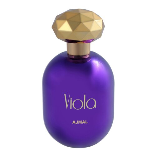 Fioletowy flakon perfum z geometrycznym, złotym korkiem, na którym widnieje napis "Viola" oraz "AJMAL".