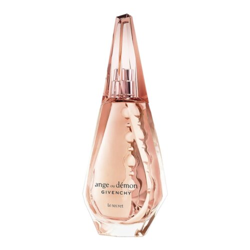 Na zdjęciu widoczna jest różowa butelka perfum o eleganckim, stożkowym kształcie. Na butelce znajduje się napis: "ange ou démon GIVENCHY le secret".