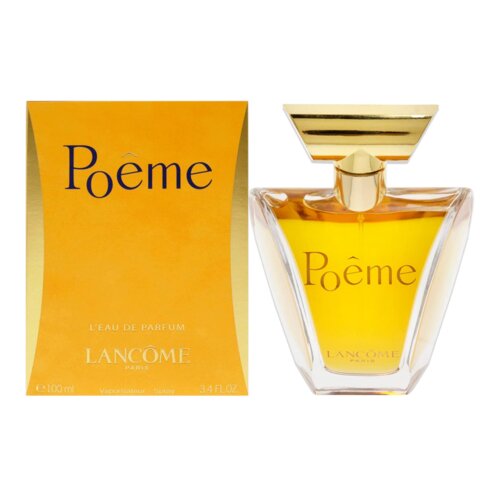 Żółte opakowanie i flakon perfum z napisem "Poême" oraz "LANCÔME" na obu elementach. Na opakowaniu widnieje dodatkowy tekst: "L'EAU DE PARFUM", "100 ml", "Vaporisateur - Spray", "3.4 FL.OZ".