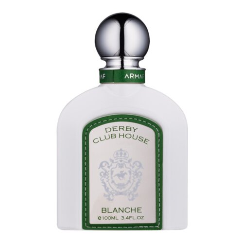 Biała butelka perfum z metalicznym korkiem, na której widnieje zielona etykieta z napisem "DERBY CLUB HOUSE BLANCHE" oraz "100ML 3.4FL. OZ". Na szyjce butelki znajduje się napis "ARMAF".