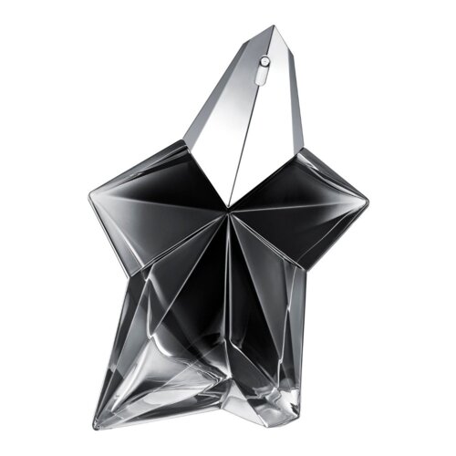 Zdjęcie przedstawia flakon perfum w kształcie gwiazdy, wykonany z przezroczystego i ciemnego szkła, z metalicznym wykończeniem na górze. Flakon ma geometryczne, ostre krawędzie i błyszczącą powierzchnię.