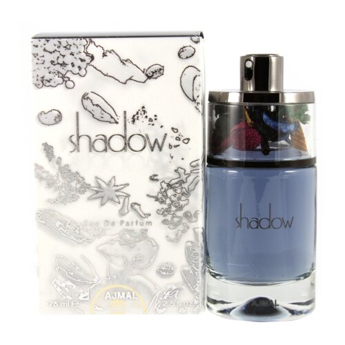 Na zdjęciu znajduje się flakon perfum z niebieskim płynem oraz pudełko z napisem "shadow" i "Eau De Parfum". Na pudełku widoczne są również grafiki przypominające przyprawy oraz logo "AJMAL" z oznaczeniem pojemności 75 ml.