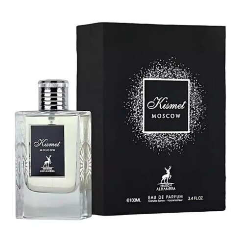 Na zdjęciu widoczna jest butelka perfum oraz czarne pudełko z napisem "Kismet Moscow" i logo "Maison Alhambra". Na dole pudełka znajduje się tekst "100ML EAU DE PARFUM Natural Spray - Vaporisateur 3.4 FL.OZ".