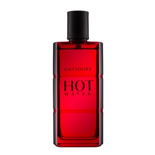 Czerwony flakon z czarnym korkiem, na którym widnieje napis "DAVIDOFF HOT WATER". Flakon ma prostokątny kształt z zaokrąglonymi krawędziami.