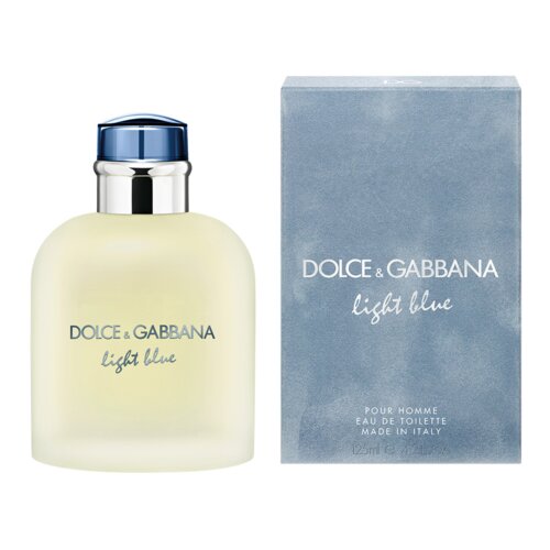 Na zdjęciu widoczna jest butelka perfum oraz pudełko z napisem "Dolce & Gabbana Light Blue". Na pudełku znajduje się dodatkowy tekst: "Pour Homme Eau de Toilette Made in Italy 125 ml e 4.2 FL OZ".