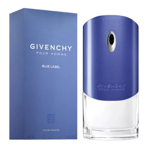 Na zdjęciu widoczna jest niebieska butelka perfum oraz pasujące do niej opakowanie. Na opakowaniu i butelce znajduje się tekst: "GIVENCHY POUR HOMME BLUE LABEL", a na dole opakowania napis "EAU DE TOILETTE 100 ML 3.3 FL OZ".