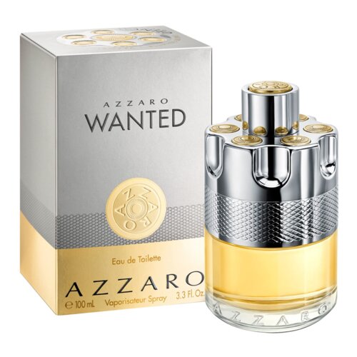 Pudełko i flakon perfum "Azzaro Wanted" o pojemności 100 ml, z widocznym napisem "Eau de Toilette" oraz logo Azzaro. Flakon ma metaliczne wykończenie z elementami przypominającymi bęben rewolweru, a płyn wewnątrz jest w kolorze złotym.