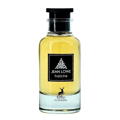 Butelka perfum o pojemności 100 ml z przezroczystego szkła, wypełniona żółtawym płynem, z czarną nakrętką. Na etykiecie widnieje napis "JEAN LOWE fraîche", a poniżej logo z napisem "MAISON ALHAMBRA".