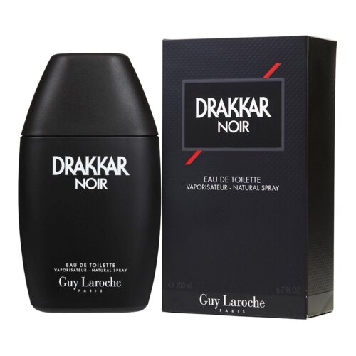 Czarne opakowanie i flakon perfum z białym napisem "Drakkar Noir" oraz "Eau de Toilette Vaporisateur - Natural Spray". Na dole widnieje napis "Guy Laroche Paris" oraz oznaczenie pojemności "200 ml" i "6.7 FL OZ".