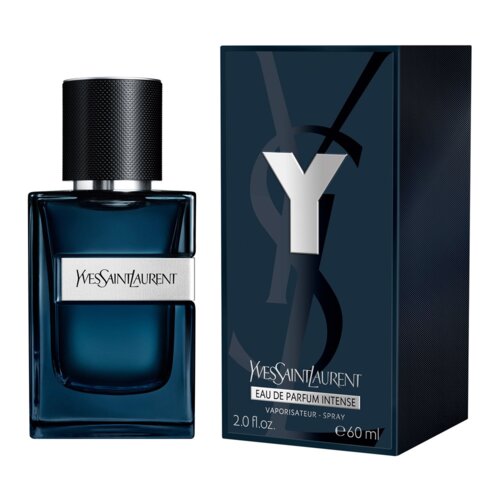 Na zdjęciu widoczna jest butelka perfum oraz pudełko z napisem "Yves Saint Laurent" i dużą literą "Y". Na pudełku znajduje się tekst "EAU DE PARFUM INTENSE VAPORISATEUR - SPRAY 2.0 fl. oz. 60 ml".