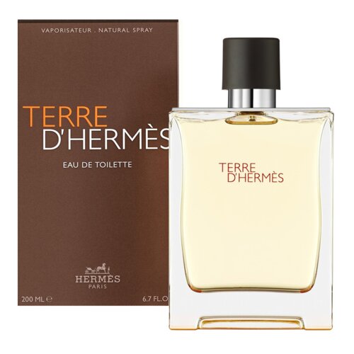 Brązowe opakowanie z białym napisem "TERRE D'HERMÈS EAU DE TOILETTE" oraz logo "HERMÈS PARIS" i oznaczeniem "200 ML 6.7 FL.OZ". Obok znajduje się przezroczysta butelka z czarnym korkiem, wypełniona jasnym płynem, z napisem "TERRE D'HERMÈS".