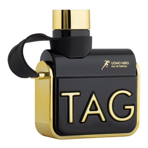 Czarny flakon perfum z złotymi elementami, na którym widnieje napis "TAG" oraz "UOMO NERO EAU DE PARFUM" z sylwetką biegnącej postaci. Flakon ma złoty korek i czarną opaskę.