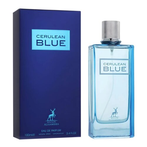 Na zdjęciu widoczna jest niebieska butelka perfum z napisem "CERULEAN BLUE" oraz opakowanie z tym samym napisem. Na opakowaniu znajduje się logo z sylwetką jelenia i napis "MAISON ALHAMBRA", a poniżej "EAU DE PARFUM 100 ml e 3.4 FL.OZ".