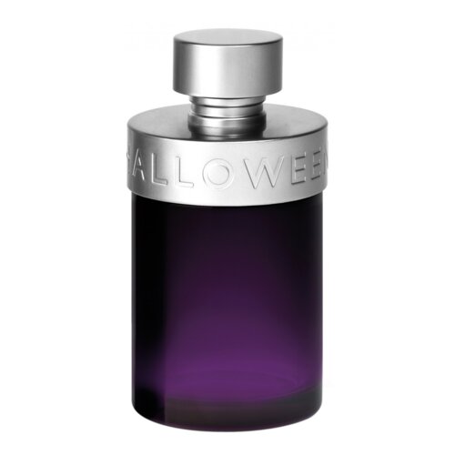 Fioletowy flakon perfum z metalowym korkiem, na którym widnieje napis "HALLOWEEN". Flakon ma prosty, cylindryczny kształt z gradientowym przejściem koloru.