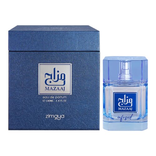 Na zdjęciu widoczna jest niebieska butelka perfum oraz pasujące do niej opakowanie. Na opakowaniu znajduje się napis: "Mazaaj eau de parfum e 100ml 3.4 fl oz" oraz logo "zimaya".