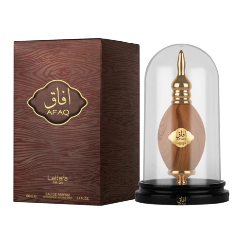 Brązowe opakowanie z teksturą drewna zawiera złote logo z napisem "AFAQ" oraz "Lattafa Pride" i informację "100 ml e, Eau de Parfum, Vaporisateur, Natural Spray, 3.4 FL.OZ". Obok znajduje się flakon w kształcie drewnianej kropli z metalicznymi elementami, umieszczony pod szklaną kopułą z napisem "AFAQ Lattafa".