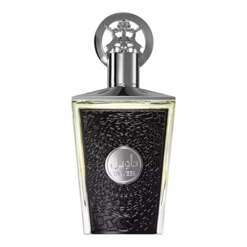 Butelka perfum o pojemności 100 ml z ozdobnym, metalowym korkiem i czarnym, teksturowanym frontem, na którym znajduje się okrągłe logo z napisem "TA'WEEL".